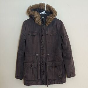 Roxy Utility Jacket Faux Fur Hood Grey Green - Size S